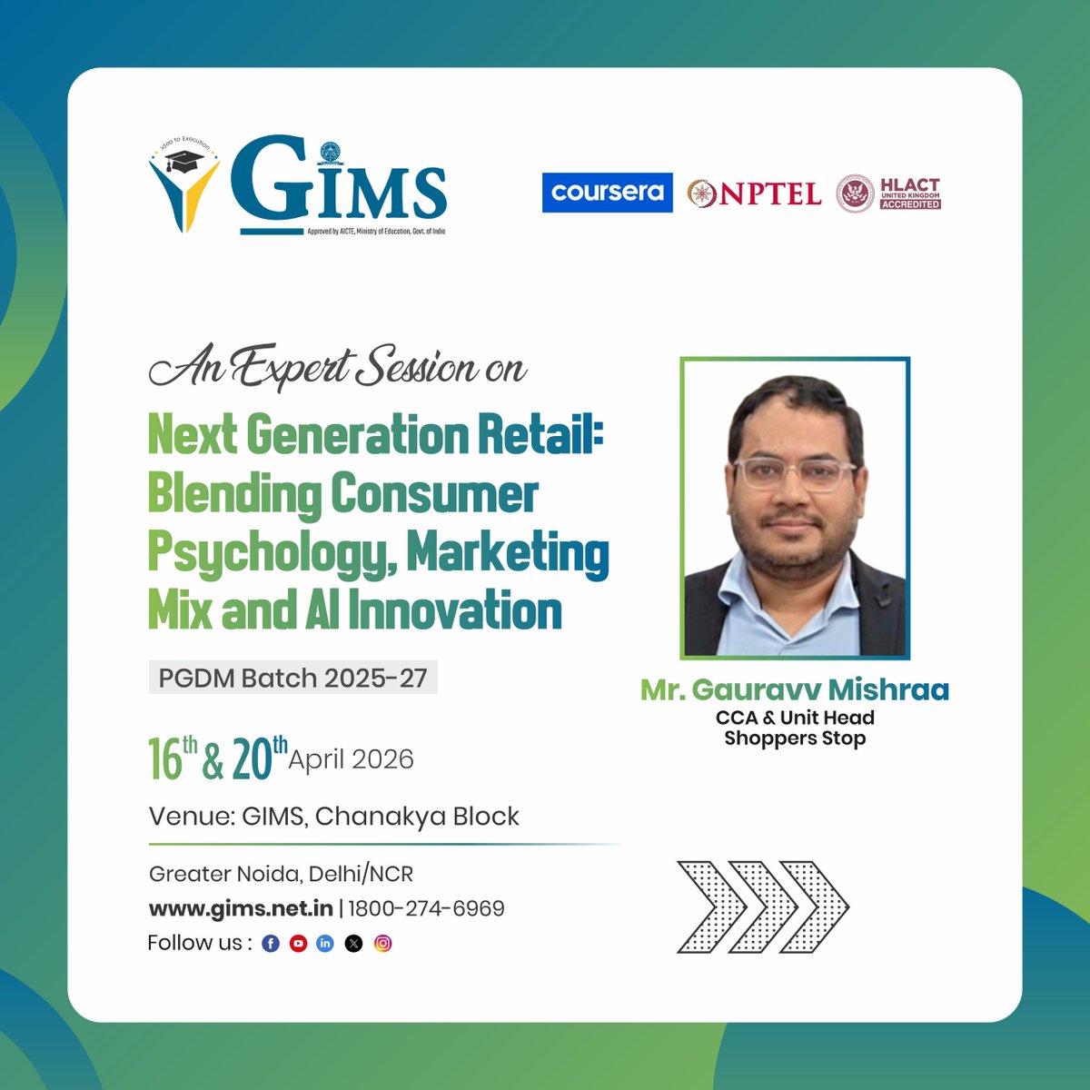 gims_net_in's tweet image. Marketing expert session at GIMS on next generation retail with Gauravv Mishraa exploring AI consumer behavior and marketing strategies shaping the future of retail 
#GIMS #RetailMarketing #AIinRetail #ConsumerBehavior #ExpertSession #FutureOfRetail