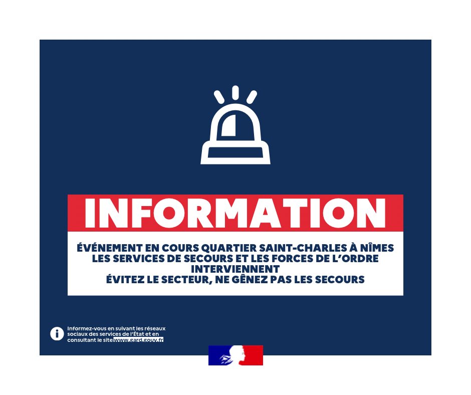 Prefet30's tweet image. #Sécurité 🔹 Un évènement est en cours quartier Saint-Charles à #Nîmes. 

Les forces de l’ordre interviennent actuellement. 
Il est demandé à la population d’éviter le secteur, de n’appeler les secours qu’en cas de nécessité absolue. 

Ne propagez pas de fausses rumeurs.
