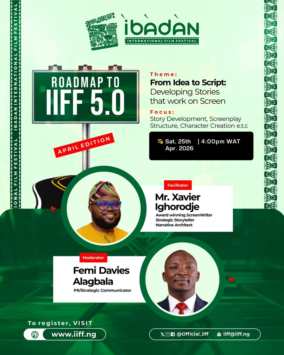 Official_IIFF's tweet photo. From idea to script—learn how stories work on screen
Theme: Story Dev • Screenplay Structure • Character Creation

🗓 Apr 25 | ⏰ 4PM WAT
🎤 @xavierighorodje (Award-winning Screenwriter)
🎙 @iamFemiDavies (moderator)
✅ Free.
🔗: https://t.co/FVuVX5UXTh⁠�
#IIFF  #Nollywood https://t.co/pi7LFD1CpE