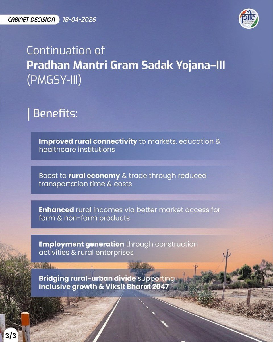 PIBSrinagar's tweet image. #Cabinet approves Continuation of Pradhan Mantri Gram Sadak Yojana-III (PMGSY-III) beyond March 2025 upto March 2028
 
#CabinetDecisions