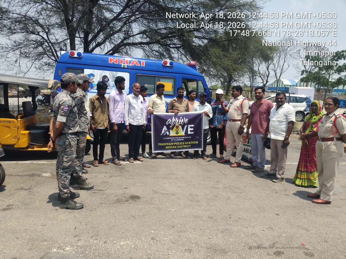 ShoToopran's tweet photo. On April 18, 2026, at Toopran Toll Gate, Police officers along with motorists and GMR officials held "Counseling for Violations – Zero Enforcement Day" in the road safety campaign's 4th Phase (Day 6). They raised awareness on rules and administered a pledge. https://t.co/RrMmmmChUp
