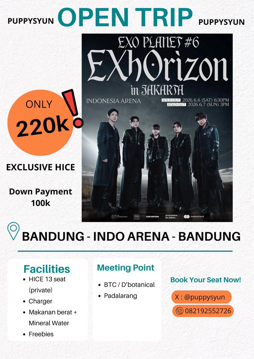tes ombak OPEN TRIP KONSER 🚐

aku mau open trip EXhOrizon #6 buat 6 juni dari bandung - indoarena- bandung nanti pake private HICE 13 orang only 220k all in dan bisa karaoke!! 
apakah ada yang minat? 🥺🥺 

minat? aku open dm yaa 🙂‍↕️🫶🏼

tags. #opentrip #EXhOrizoninJAKARTA