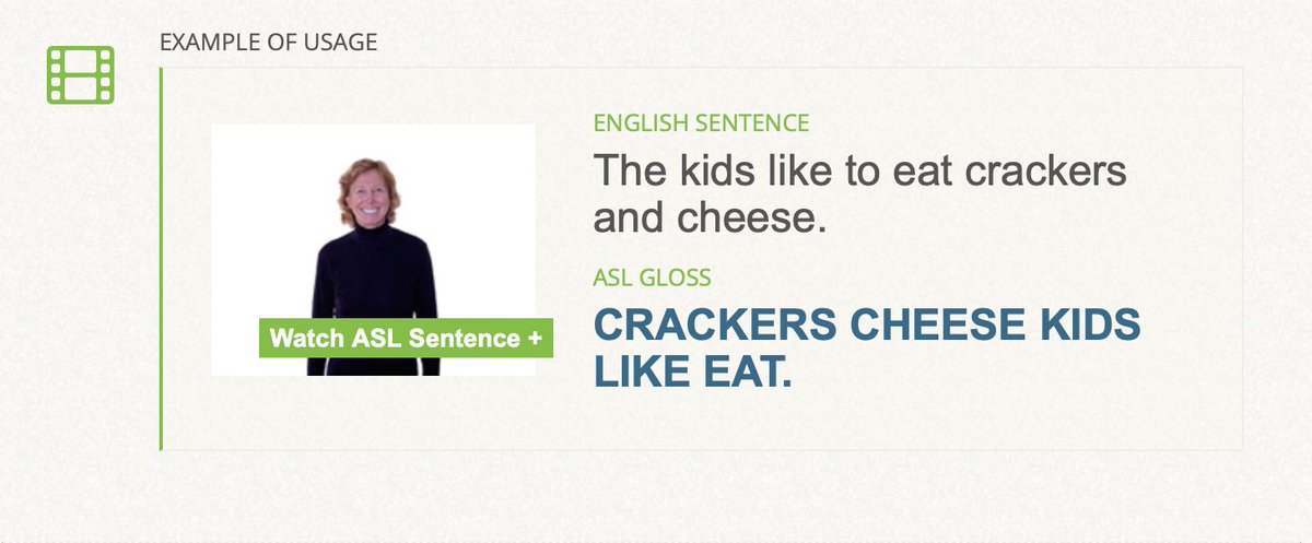 SigningSavvy's tweet image. Today’s example #ASL gloss is an example of using the sign of the day (CRACKER) in context. See it signed at signingsavvy.com/sotd

English Sentence: The kids like to eat crackers and cheese.
ASL Gloss: CRACKERS CHEESE KIDS LIKE EAT.