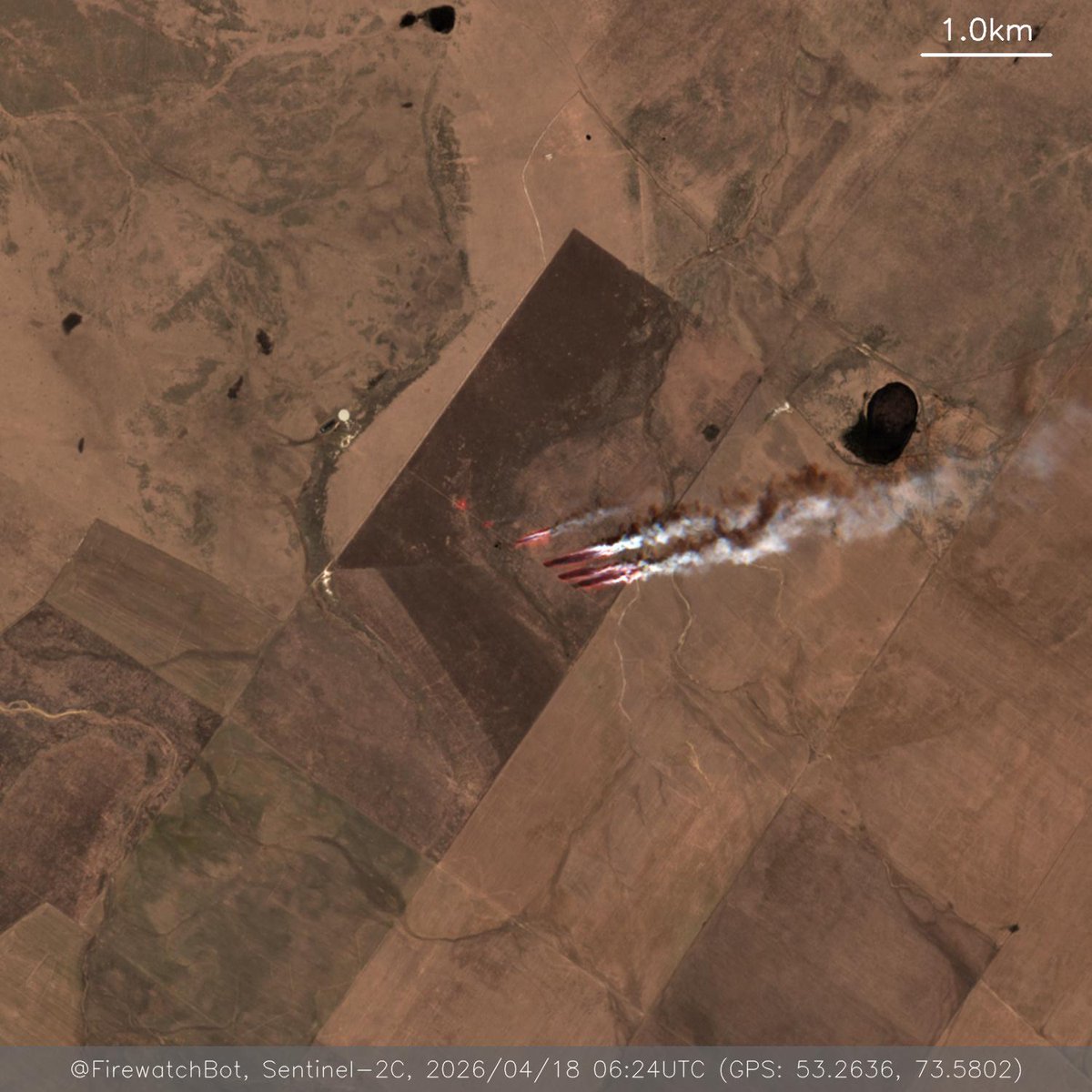 firewatchbot's tweet image. Fire detected from #Sentinel2

🗺 Place: Ualikhanov District, North Kazakhstan Region, #Kazakhstan
🕛 Date: 2026/04/18 06:24UTC

View location: maps.google.com/?q=53.26355588… (53.2636, 73.5802)