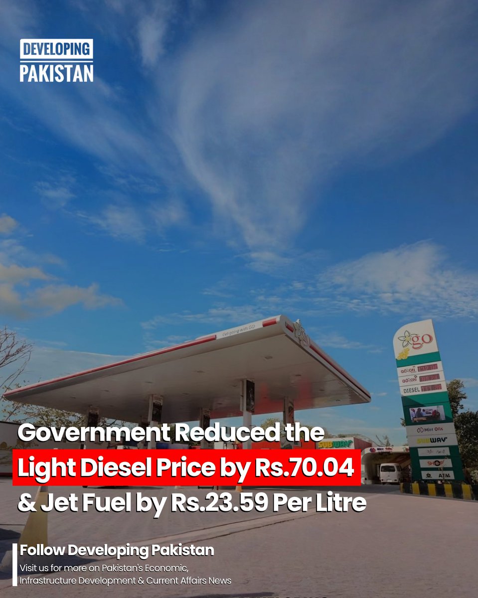 developingpak's tweet image. The impact of declining global #petroleum prices has begun to reflect in #Pakistan, as the government has reduced the prices of light #diesel and #jet fuel.

According to the latest revision, the price of light diesel has been cut by Rs70.04 per litre, bringing it down from