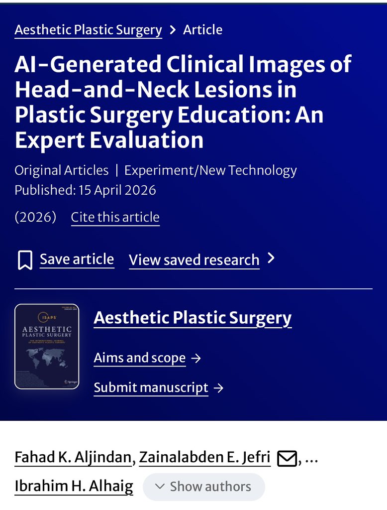surgplastics's tweet photo. الابتكار في التعليم الطبي ليس خيارًا بل ضرورة.
دراستنا حول الصور السريرية المولّدة بالذكاء الاصطناعي تضع خطوة جديدة نحو تعليم أكثر تطورًا وأمانًا.
#قيادة #AI #التعليم_الطبي https://t.co/sZmJU0bxx1
