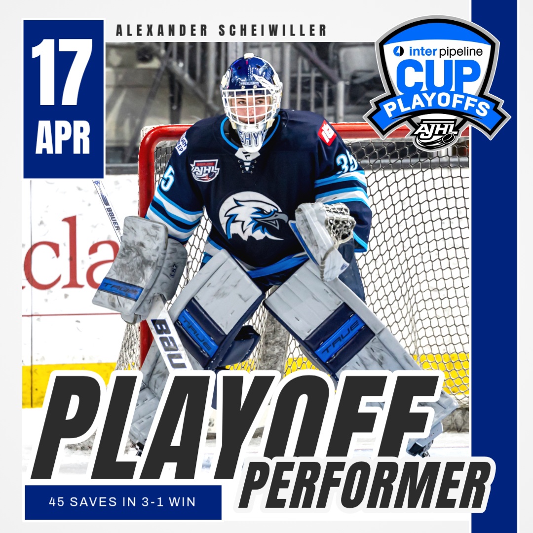 TheAJHL's tweet image. Alexander Scheiwiller made 45 saves to steal a 3-1 win for the Eagles in Game One of the 2026 Inter Pipeline Cup AJHL Finals! #BuiltForThis