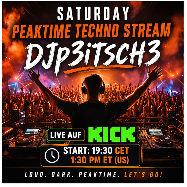djp3itsch3's tweet image. Today at kick.com/djp3itsch3 Peaktime Techno Journey: 7:30pm CET #techno #peaktime #streaming #saturday #party #fun #music