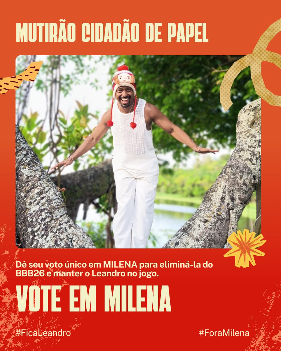 LeoRochaBoneco's tweet photo. ❤️ MUTIRÃO CIDADÃO DE PAPEL ❤️

❌ O voto é para ELIMINAR.
👉🏾 VOTE EM #FORAMILENA
‼️ A cada 10 votos, comente um emoji aqui
🔗 https://t.co/fNV4v9a9Fy 

Cada voto faz diferença nessa reta final! Vamos juntos manter o nosso Boneco na casa. 🌶️

#BBB26 #TeamBoneco https://t.co/K23HXD1b1i