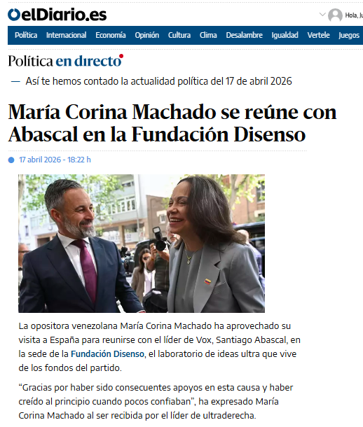 Titulares del fin de semana:
1) Simpatizante de VOX amenazó de muerte a un venezolano: "Panchito, inmigrante de mierda, yo apoyo a VOX y si tengo una pistola te quito la tontería".
2) Mª Corina reuniéndose con VOX.
Ambos apoyan a Trump, que persigue a venezolanos con agentes ICE.