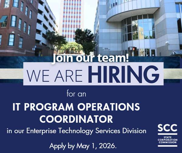 VAStateCorpComm's tweet image. Virginia State Corporation Commission has a #jobopening for an IT Program Operations Coordinator with our Enterprise Technology Services Division. Apply by May 1, 2026. Visit SCC Career Center to learn more about the position &amp;amp; apply: bit.ly/2pGWWia #jobs #hiringnow