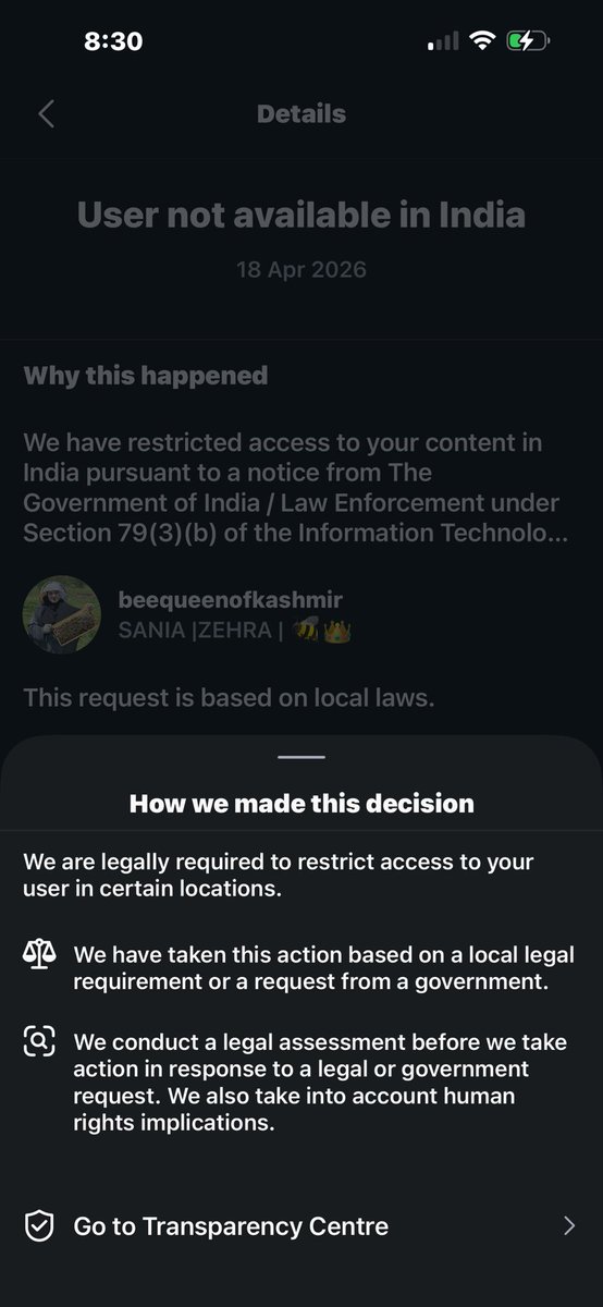 saniazehra123's tweet image. My Instagram is unavailable in India after a legal request.

I’m a girl from Kashmir sharing beekeeping, hard work &amp;amp; positivity for youth, especially girls.

I can see my account, but India can’t.

No notice. No explanation.

This feels unfair. I ask for transparency. 
#instagram