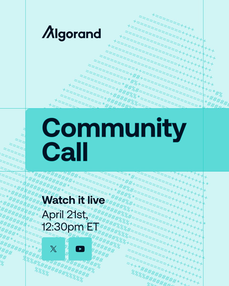 Join us on April 21st for an Algorand Community Call.

Hear the latest updates from the <a href="/Algorand/">Algorand</a> ecosystem, featuring special guests, <a href="/TxnLab/">TxnLab</a>.

Live on X and YouTube.