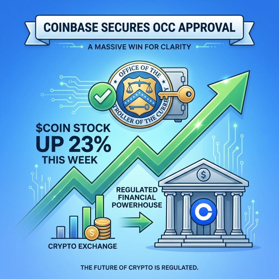 _Crypto24_News's tweet image. Coinbase just secured conditional OCC charter approval, a massive win for clarity. 🏦 
Stock is up 23% this week as the market reacts. 
It’s not just an exchange anymore, it’s a regulated financial powerhouse. 🚀

#Coinbase #Crypto #Coin #TradFi