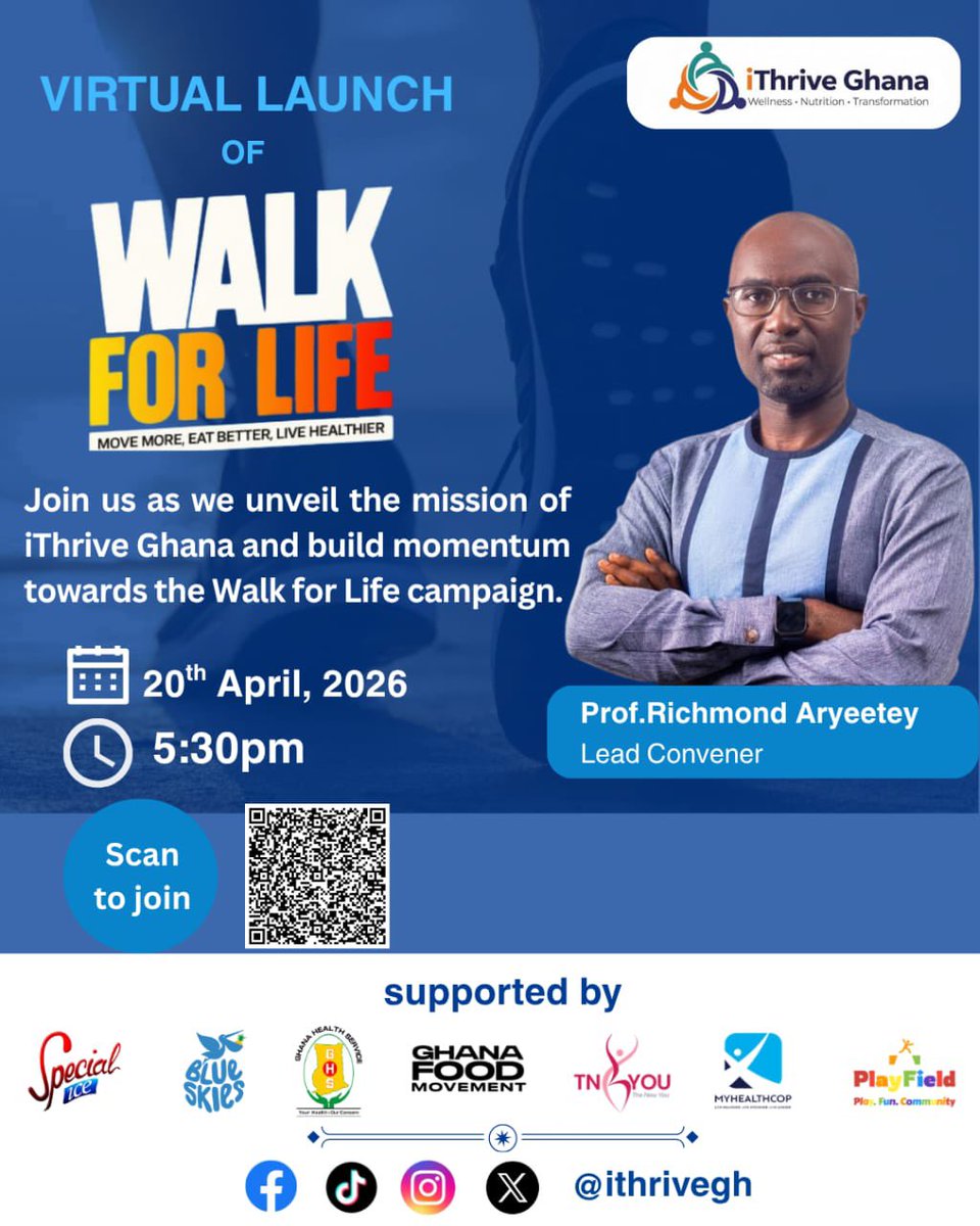 iThriveGhana's tweet image. We launch today - Walk for Life begins now. Move more, eat better, live healthier.
• It starts tonight. Join the Virtual Launch of Walk for Life at 5:30pm.
• The movement begins. Tap in at 5:30pm and let’s build a healthier Ghana.      #walk #healthwalk #happiness #explorer
