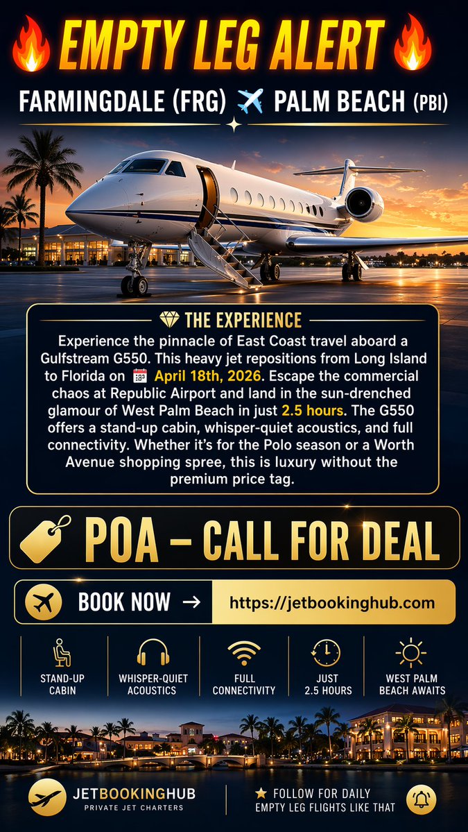 jetbookinghub's tweet image. 🔥 EMPTY LEG ALERT ✈️
Farmingdale, New York 🇺🇸 → Palm Beach, Florida 🇺🇸
Fly private on a Gulfstream G550 for less.
Luxury. Speed. Exclusivity.
Limited seats – act fast.
👉 Jetbookinghub.com
#FarmingdaleNewYorkUSA #PalmBeachFloridaUSA #PrivateJet #EmptyLeg #FlyPrivate