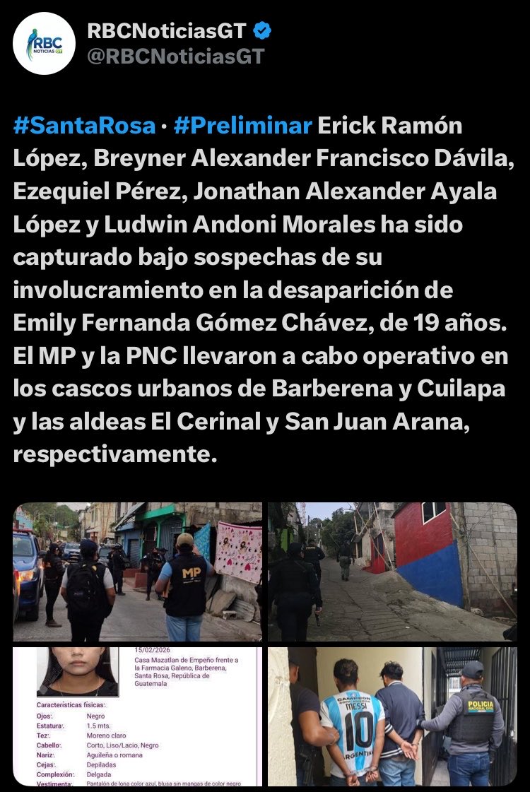 RBCNoticiasGT's tweet image. #SantaRosa | #Actualización

El INACIF confirma mediante análisis genéticos y antropología forense que los restos encontrados el 8 de marzo en la finca Las Marías, Barberena, corresponden a Emily Fernanda Gómez Chávez, de 19 años, desaparecida desde el 15 de febrero de 2026.

La