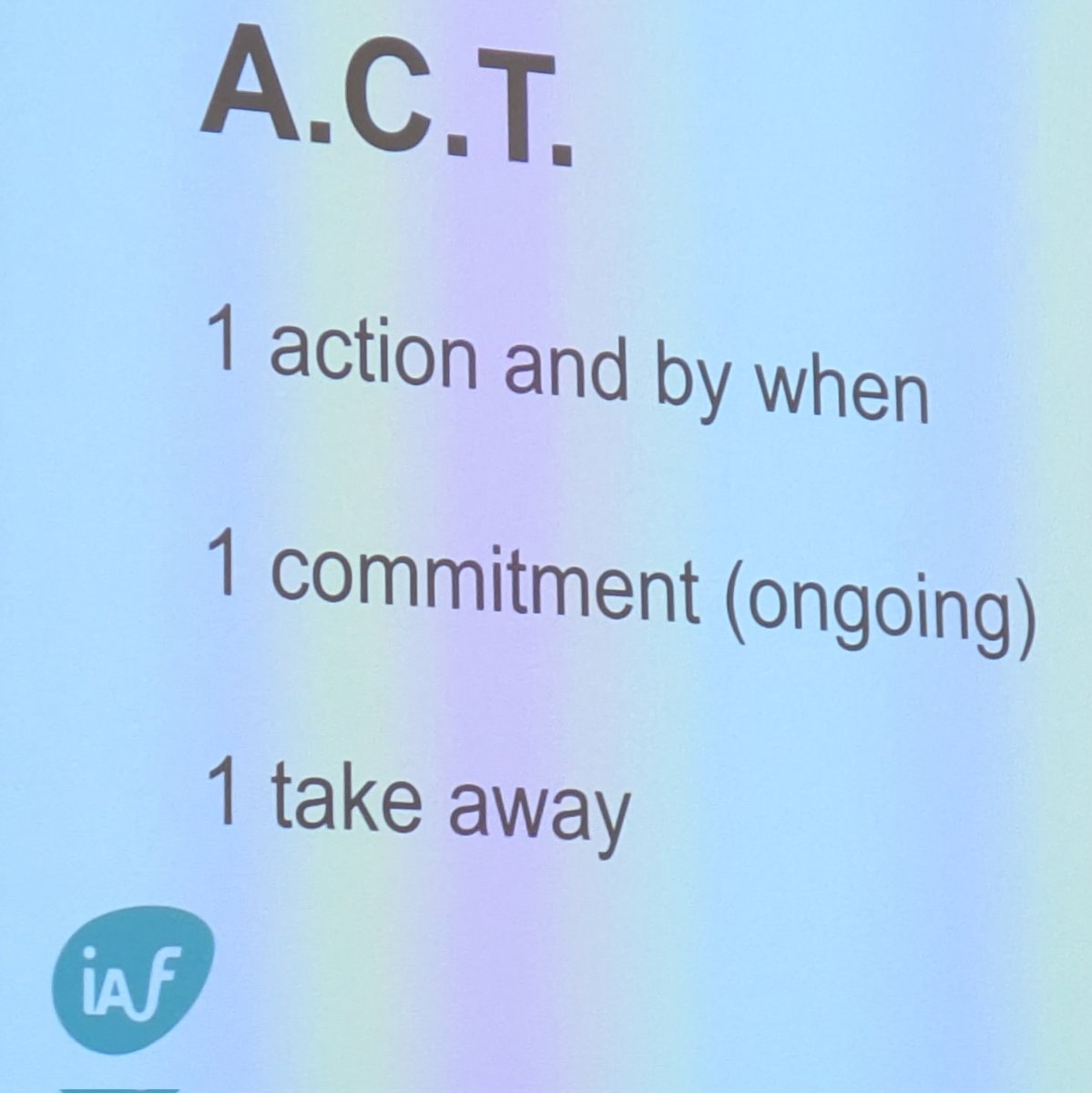 jaCattell's tweet image. In the #Facilitate2026 wrap up, facilitator Paul V Kelly asks us to A.C.T. by writing down: 
🔴 1 Action and by when, 
🟢 1 Commitment (ongoing), 
🔵 1 Take away. 

Mine are: 
🔴 a blog post by 20 April, 
🟢 attend IAF #Manchester, 
🔵 #facilitation = change 🙂