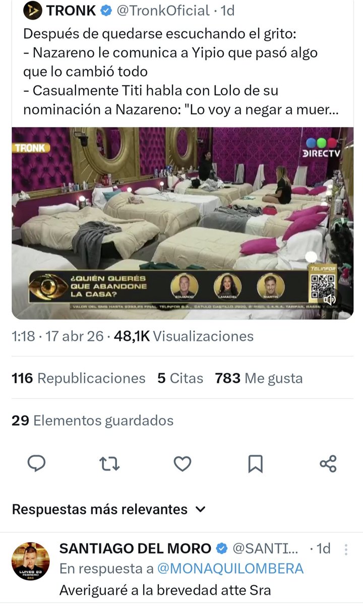 Y para más sorpresas (o no) <a href="/SANTIAGODELMORO/">SANTIAGO DEL MORO</a> contestándole solo a cuentas fans de Brian y los 4F,porq ya sabemos q solo suben clips q los favorecen a ellos #GranHermano #Gh2026 #LAM Leen esas cuentas para las sanciones😂😂🚩🚩🚩👎👎👎