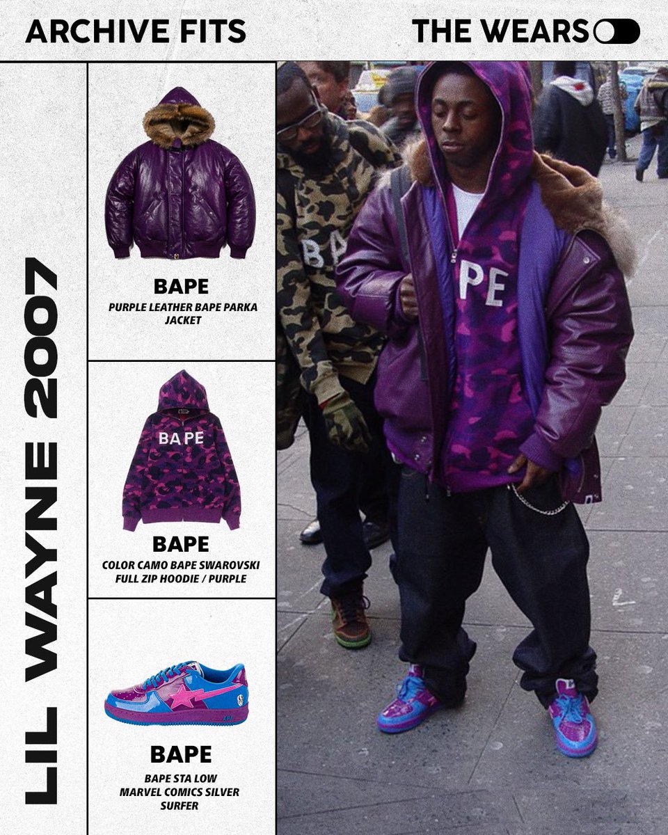 thewearson's tweet image. ARCHIVE FITS - LIL WAYNE (2007)

Lil Wayne defining the BAPE era with a bold purple fit.

Purple leather BAPE parka, color camo full zip hoodie and BAPESTA. 💜 

ON or OFF ⁉️

#DRIP #TheWearsON #LilWayne