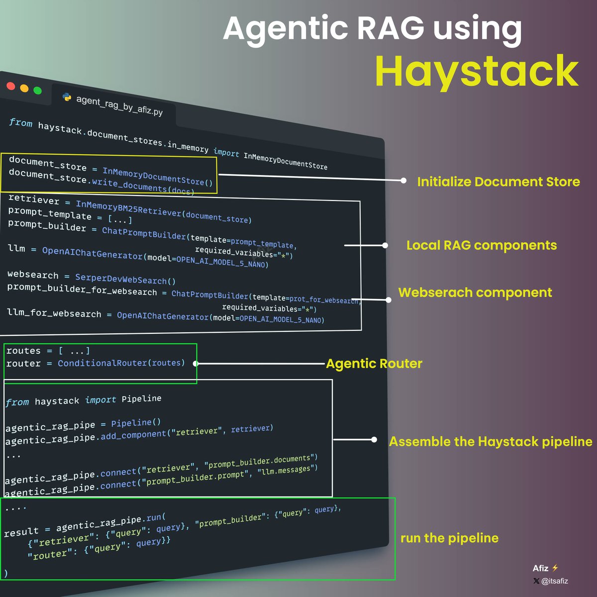 How to build an Agentic RAG Application in simple steps?

In this thread, I’ll show you how to build an Agentic RAG with automatic web search fallback using <a href="/Haystack_AI/">Haystack</a>

A step-by-step guide 👇🧵