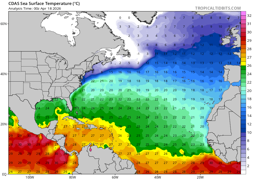 TIEMPOCLIMA's tweet photo. Actualización y seguimiento de la Temperatura superficial del mar para el Atlántico Norte #tiempoclima April 18, 2026 at 08:30AM https://t.co/dDreHYtUDx