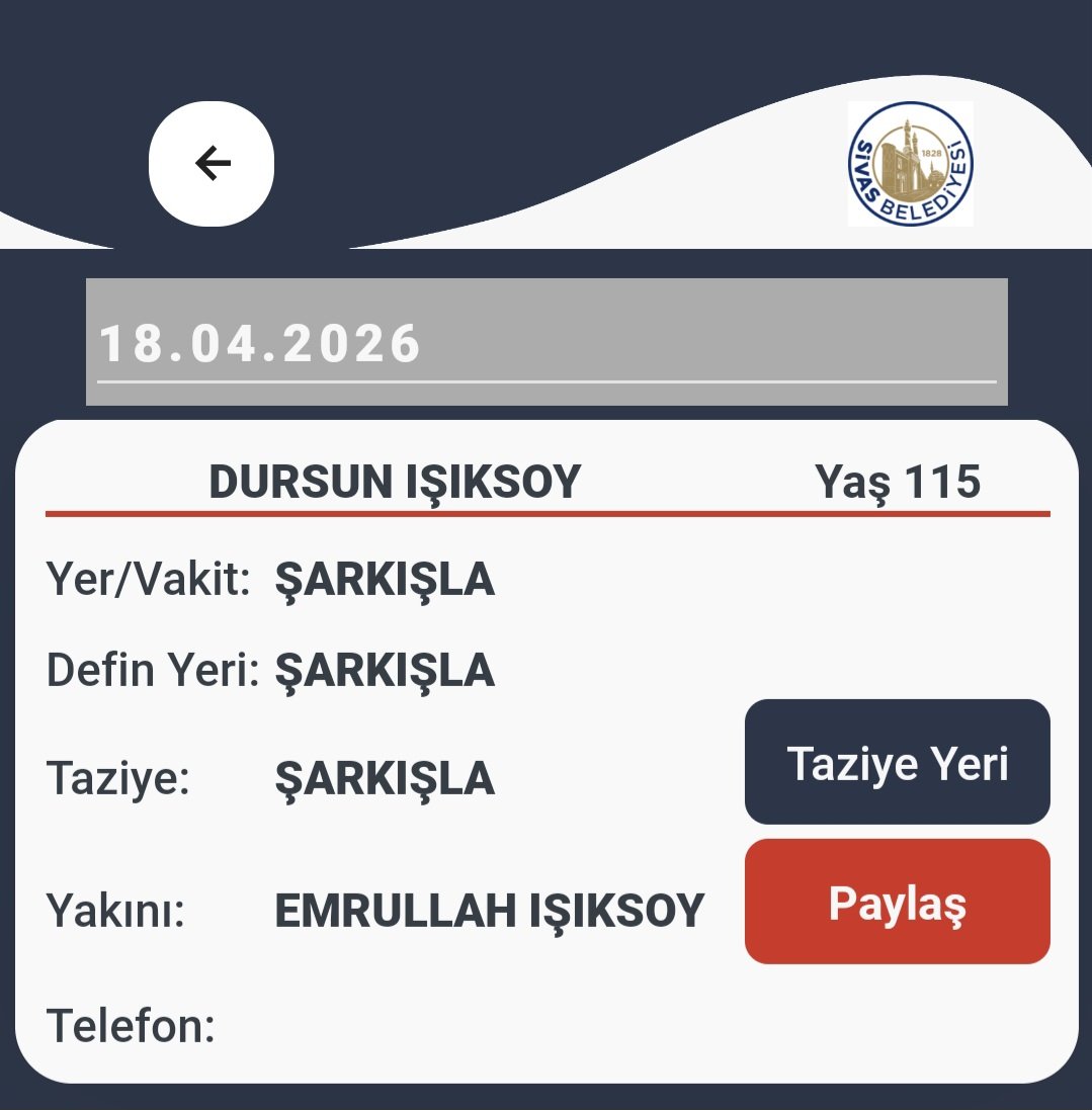 Maşallah amcamız iyi ömür sürmüş. Rabbim Rahmetiyle muammele eylesin inşallah. Yakınlarının başı sağolsun. 
Az değil bir asırı fazlasıyla devirmiş.
Rabbim, bizleri de bu ömür yolculuğunda, istikâmetten, imandan ve Kuran'dan ayırmasın inşallah. #Sivas #Şarkışla