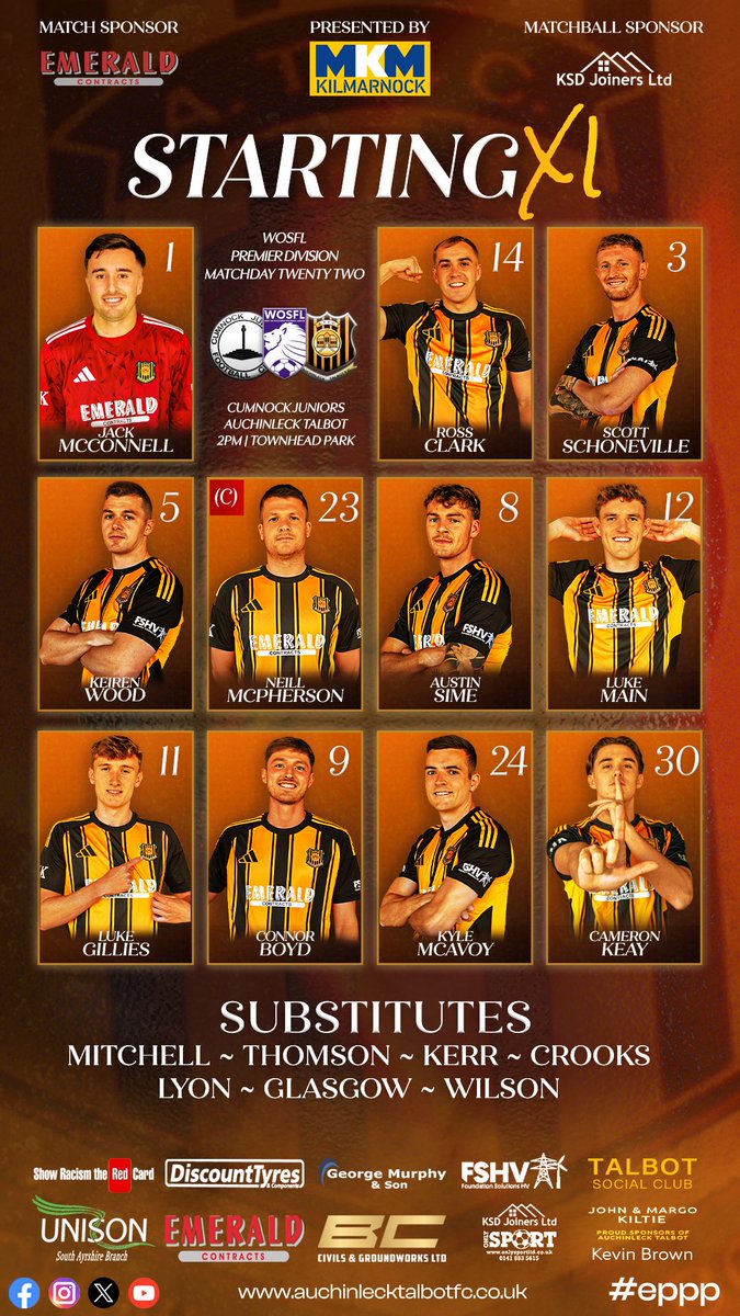 atfc1909's tweet image. 𝐒𝐭𝐚𝐫𝐭𝐢𝐧𝐠 𝐗𝐈 against Cumnock Juniors

Brought to you by MKM Kilmarnock

Wilson replaces Wilson. Keay and Boyd return up top to join McAvoy

#eppp