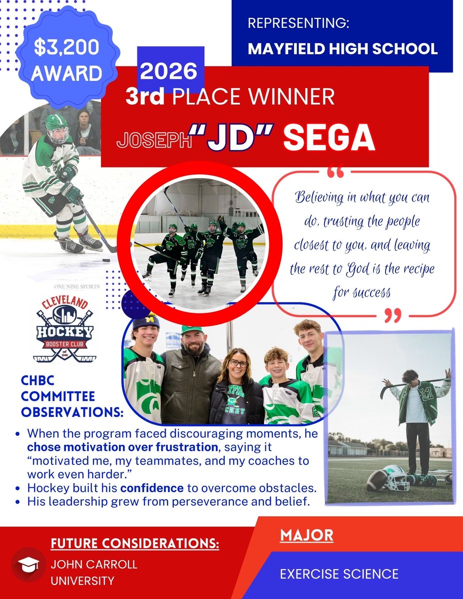 ClevelandHBC's tweet photo. Let’s hear it for our 2026 CHBC Scholarship 3rd place winner taking home $3,200…its Joseph “JD” Sega from @MayfieldSports  / @Mayfield_HS !!  Congrats JD!! https://t.co/T5kGMlXwJc