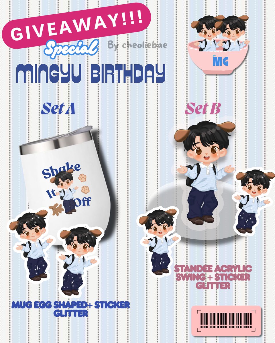 🐶—GIVEAWAY SPECIAL MINGYU BIRTHDAY

Mug egg shaped/set A (1 Winner)
Standee acrylic swing/set B (2 Winners)

rules:
★ for Ina carat and gyuldaengies only!
★ rt &amp; like
★ rep mau set yang mana A/B
★ tag 1 teman kalian (optional)

chibi art by <a href="/chuachuahaee/">chuachua!</a> <3
end tba.