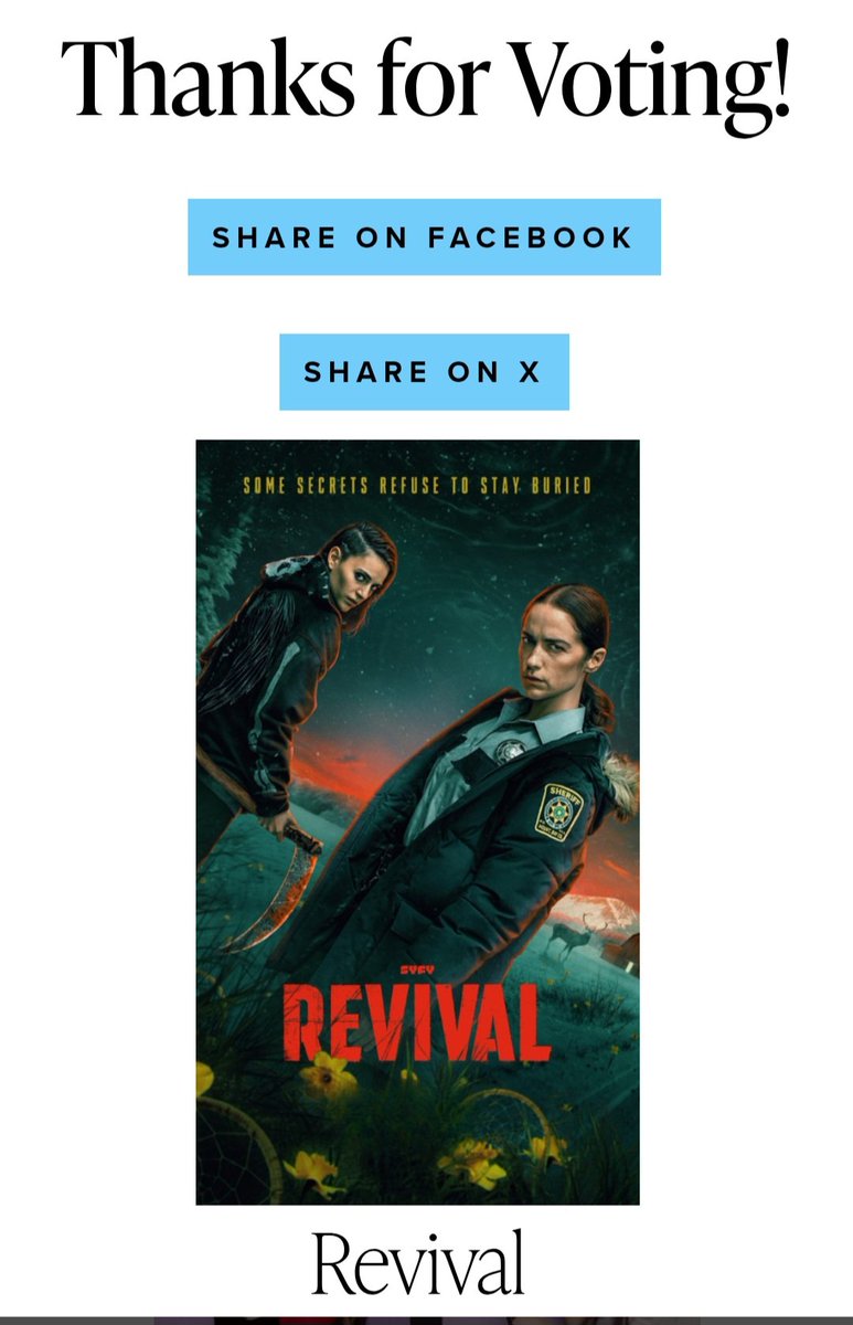 loveshack93's tweet image. Another day Another 100 votes for #Revival #ProudOfMel #E4L 
Click the link 😉 
audiencechoice.ca