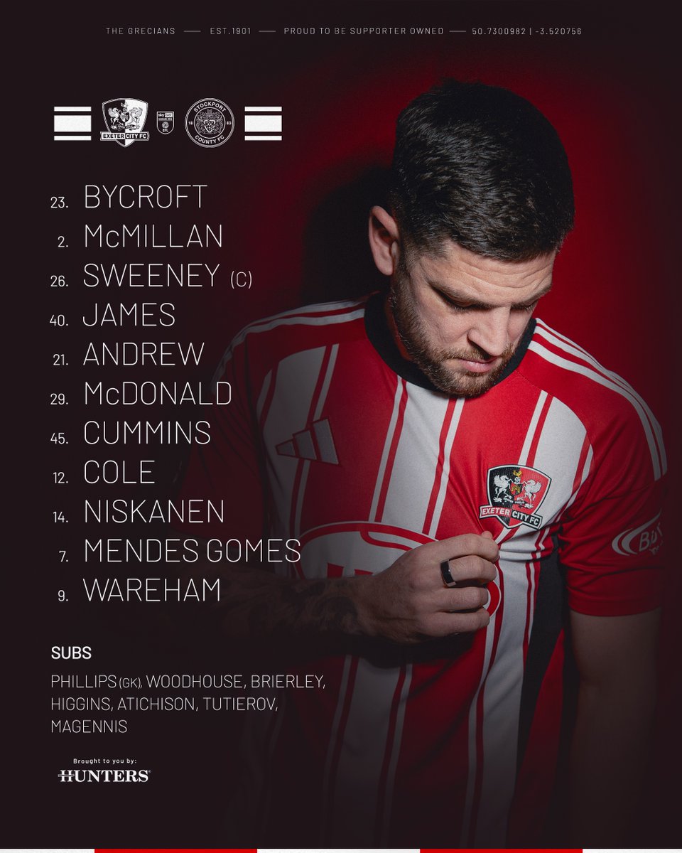 OfficialECFC's tweet image. 📝 Your Grecian XI to take on @StockportCounty this afternoon ⬇️

Brought to you by @HuntersExeter 🤝

#ECFC #SemperFidelis