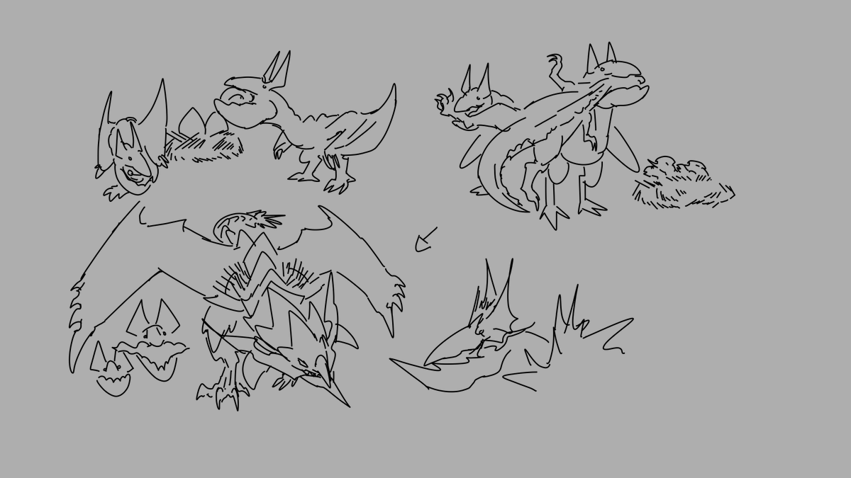 Gurbur_cabhat's tweet photo. Some very basic sketches that I came up with.

If I ever got to work on an mh game I'd definitely want packs to be more fleshed out to the degree that mons could help or hunt each other depending on the circumstances. https://t.co/SOvqSVtqXN