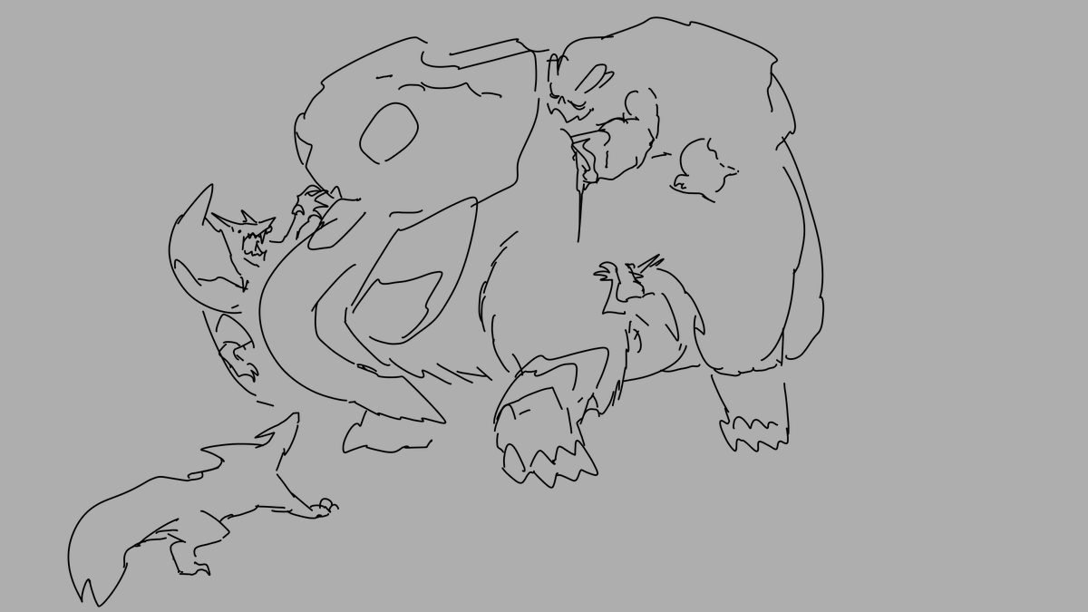 Gurbur_cabhat's tweet photo. Some very basic sketches that I came up with.

If I ever got to work on an mh game I'd definitely want packs to be more fleshed out to the degree that mons could help or hunt each other depending on the circumstances. https://t.co/SOvqSVtqXN