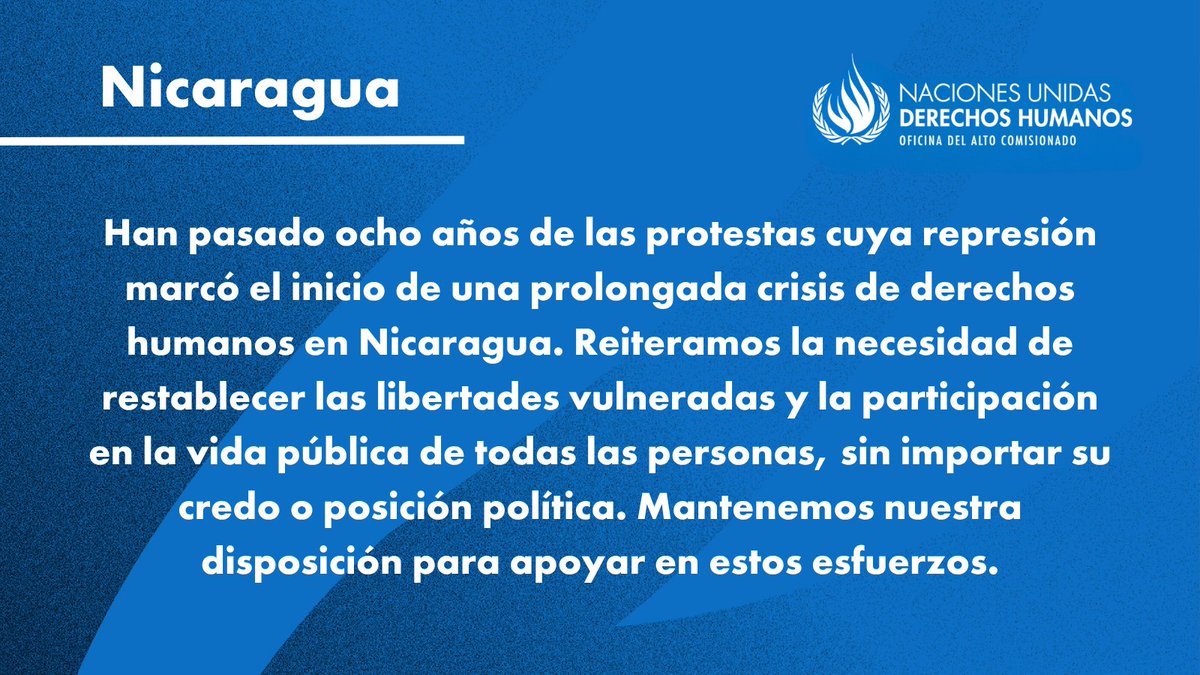#Nicaragua Desde <a href="/OACNUDH/">OACNUDH</a> Reiteramos la necesidad de restablecer las libertades vulneradas y la participación pública.