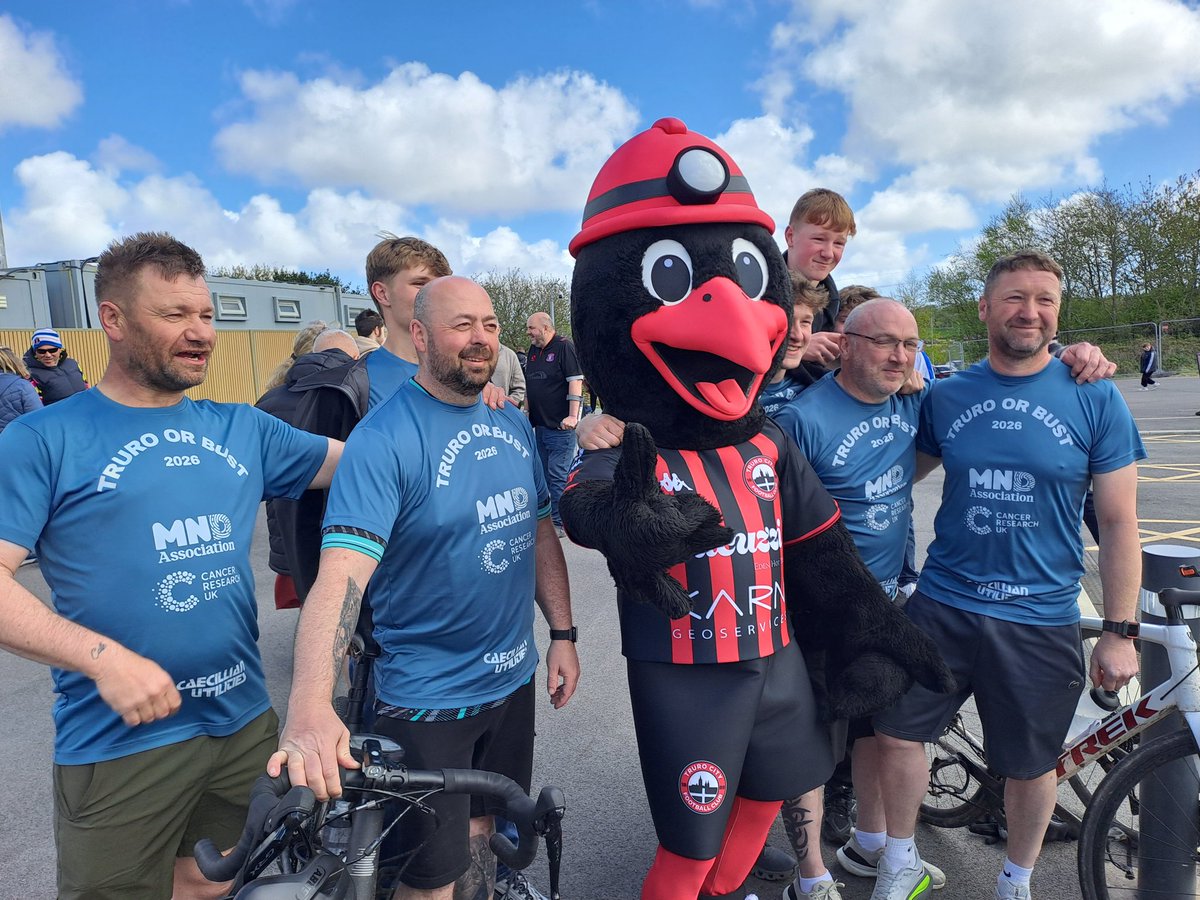 joncolman's tweet photo. A warm welcome here for the Truro Or Bust cyclists, who have raised thousands for @CR_UK and the @mndassoc by riding from Carlisle to Truro this week. #cufc owners, players and fans of both clubs here to greet the lads 👏 @newsandstar https://t.co/juBx63XRus