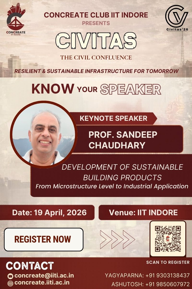 Civil_IITIndore's tweet image. 🚀 CIVITAS’26 | IIT Indore
📅 19 April 2026
Keynote: 𝑫𝒓. 𝑺𝒂𝒏𝒅𝒆𝒆𝒑 𝑪𝒉𝒂𝒖𝒅𝒉𝒂𝒓𝒚
🏆₹50K+ #Prizes | #Internships | #Workshops
#CIVITAS26 #IITIndore #CivilEngineering