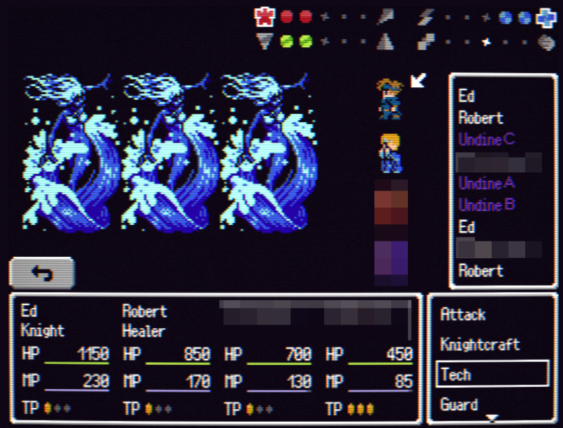 obuchilab's tweet image. ソロ開発で80～90年代風のJRPGを制作しています。

属性を操ることができるキャラがバトルに参加していると、特別なHUDが現れます。

また、味方キャラはみんな2つのスタンスを持っており、好きな方を選んでバトルに臨むことになります。

#SuperDevDay #screenshotsaturday