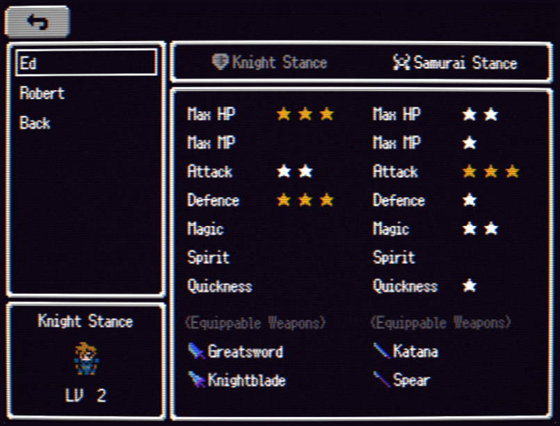 obuchilab's tweet image. ソロ開発で80～90年代風のJRPGを制作しています。

属性を操ることができるキャラがバトルに参加していると、特別なHUDが現れます。

また、味方キャラはみんな2つのスタンスを持っており、好きな方を選んでバトルに臨むことになります。

#SuperDevDay #screenshotsaturday
