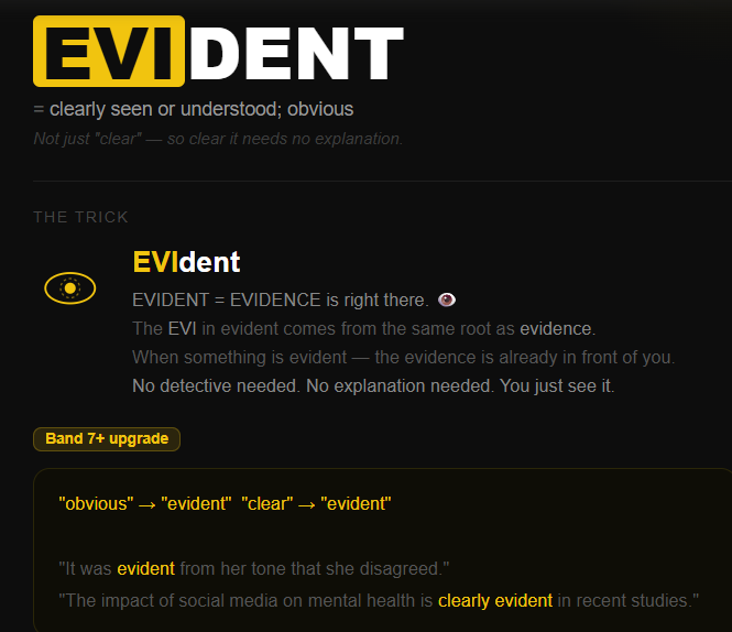 VocabMemoTrick's tweet image. EVIDENT /evɪdənt/ = clear, obvious, easy to see or understand

Memory trick: 
EVIdent → EVIdence 
If your eyes can easily see it, it’s evident.👀
"Her happiness was evident from her smile."

What was the last thing that was evident to you but nobody else noticed?
#IELTS