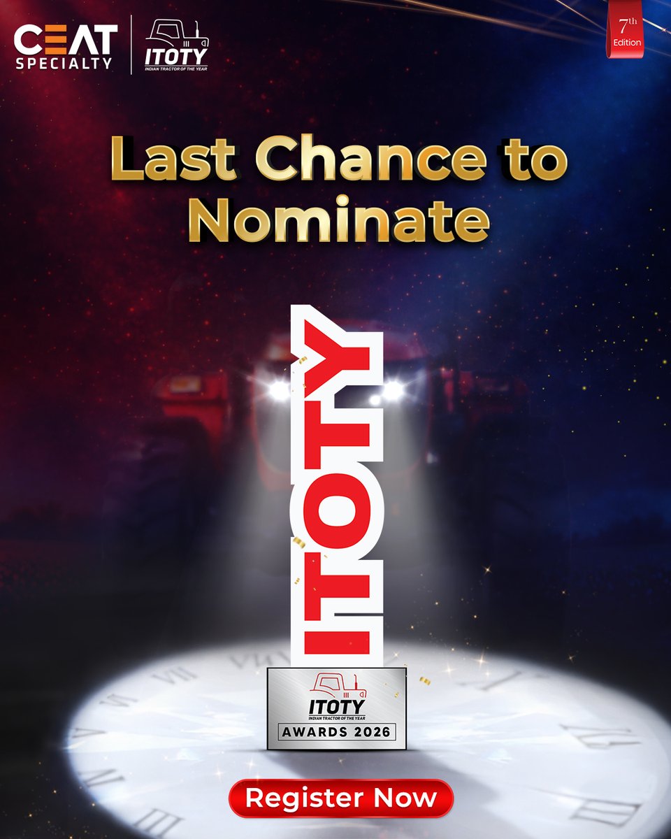 tractorjunction's tweet image. Hurry up!

ITOTY Awards 2026 nominations are closing soon!
Don’t miss your chance to be part of it!
Register now!

#ITOTYAwards2026 #ClosingSoon #HurryUp #ActNow