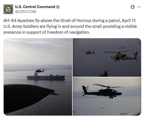 uniindianews's tweet image. AH-64 Apaches fly above the Strait of Hormuz during a patrol, April 17. U.S. Army Soldiers are flying in and around the strait providing a visible presence in support of freedom of navigation: U.S. Central Command

@CENTCOM | #USCentralCommand | #USArmy | #AH64Apache |