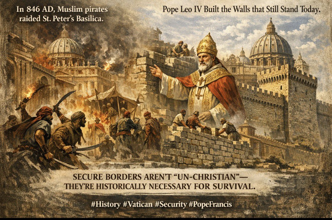 1981Descartes's tweet image. Before lecturing the world on the "virtues of Islam" and the "evils of walls," the Pope might want to remember why his own residence is a fortress. 
Pope Leo IV built those walls for a reason in 846 AD. #VaticanWalls #FactsMatter #CommonSense #CatholicChurch