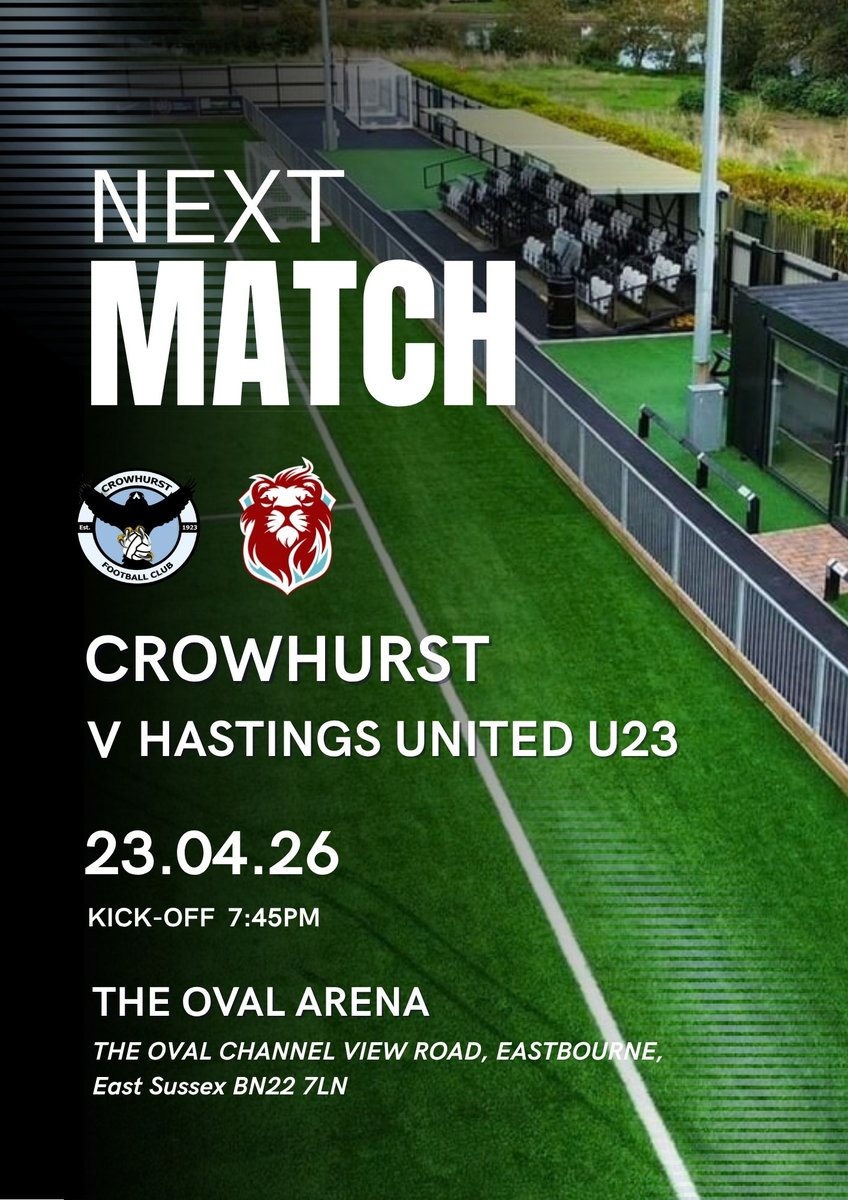 CrowhurstFC's tweet photo. ⚽️ NEXT MATCH ⚽️

Crowhurst FC return this Thursday vs Hastings U23 in the Intermediate Cup Semi Final!

📅 23 Apr
🕢 7:45PM
📍 The Oval Arena

🎟️ Adults £5 | U16 FREE

Get down and support the lads under the lights! 💪

#CrowhurstFC #NextMatch #SemiFinal #COYC https://t.co/KLpa70KDsV