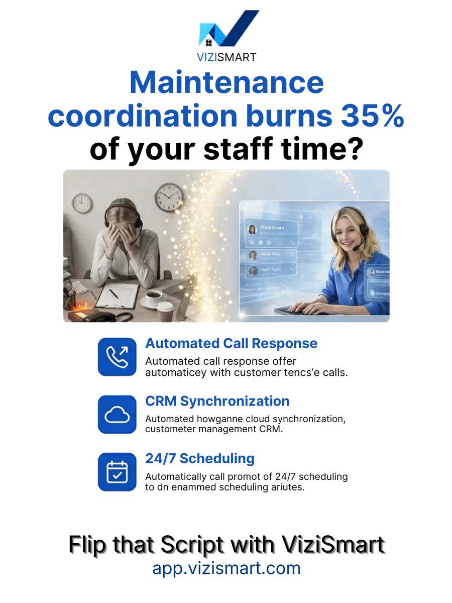 ViziSmart's tweet image. Maintenance coordination burns 35% of your staff time? 

Residential mid-market operators are flipping the script with self-service. 

Try today: app.vizismart.com

#PropertyManagement #MaintenanceAutomation #ViziSmart #Residencial #MultiFamily #PropTech