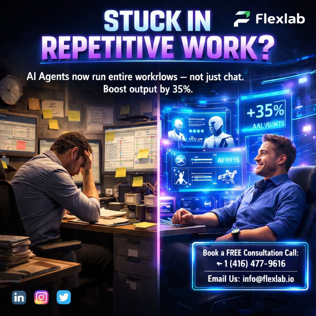 info_flexlab's tweet image. Stuck doing repetitive tasks? 

It’s a drain when 60% of work time is wasted on "work about work." 

AI Agents now handle entire workflows, not just chat, boosting output by 35%. 

Work smarter, not harder. 

#Flexlab #AIAgents