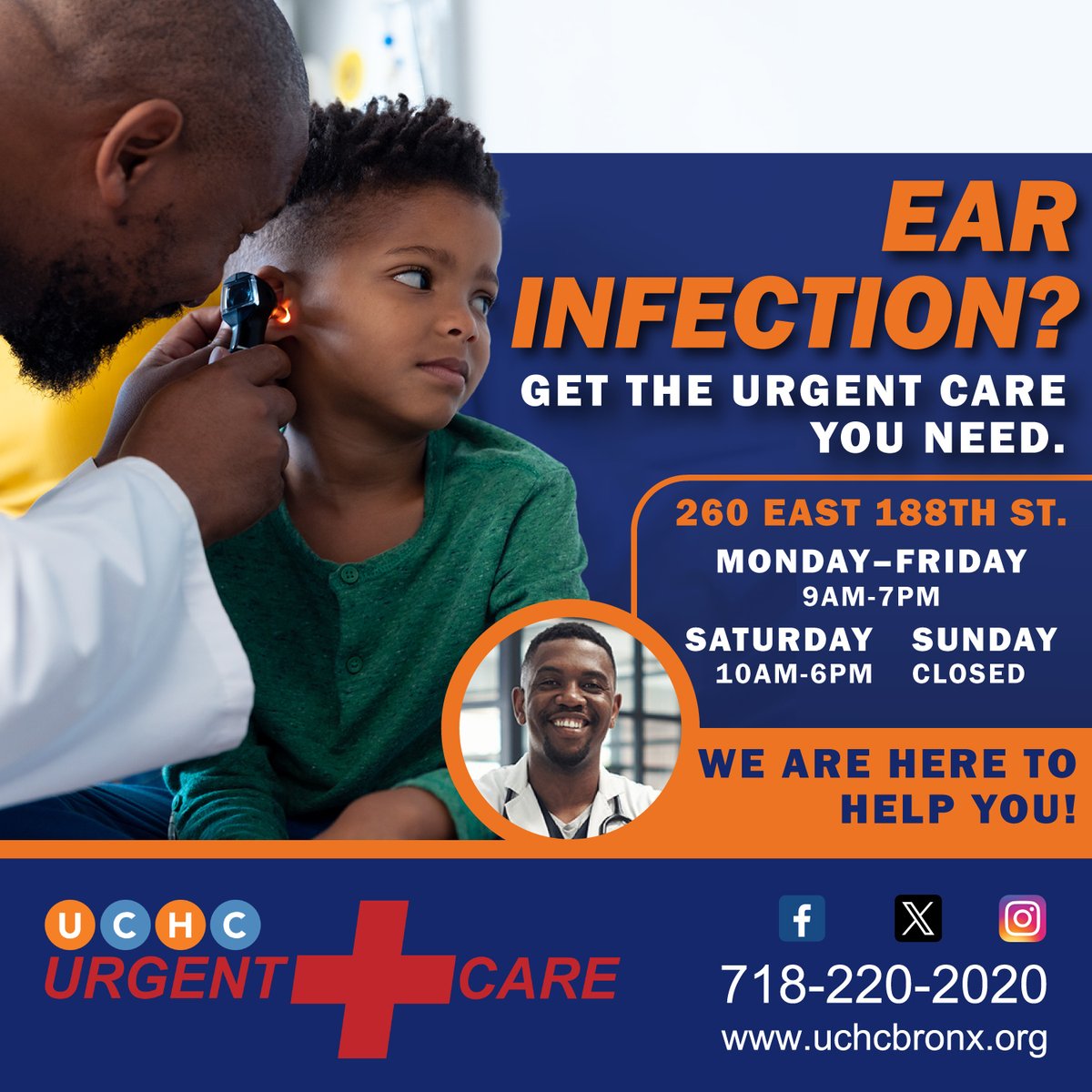 UCHC_Bronx's tweet image. 👂 Child with an ear infection? #UCHCBronx has you covered!  
Urgent care, no appointment needed!
📍260 E 188th St | 2021 Grand Concourse
🕘 Mon–Fri 9am–7pm, Sat 10am–6pm

 #PediatricCare #UrgentCare