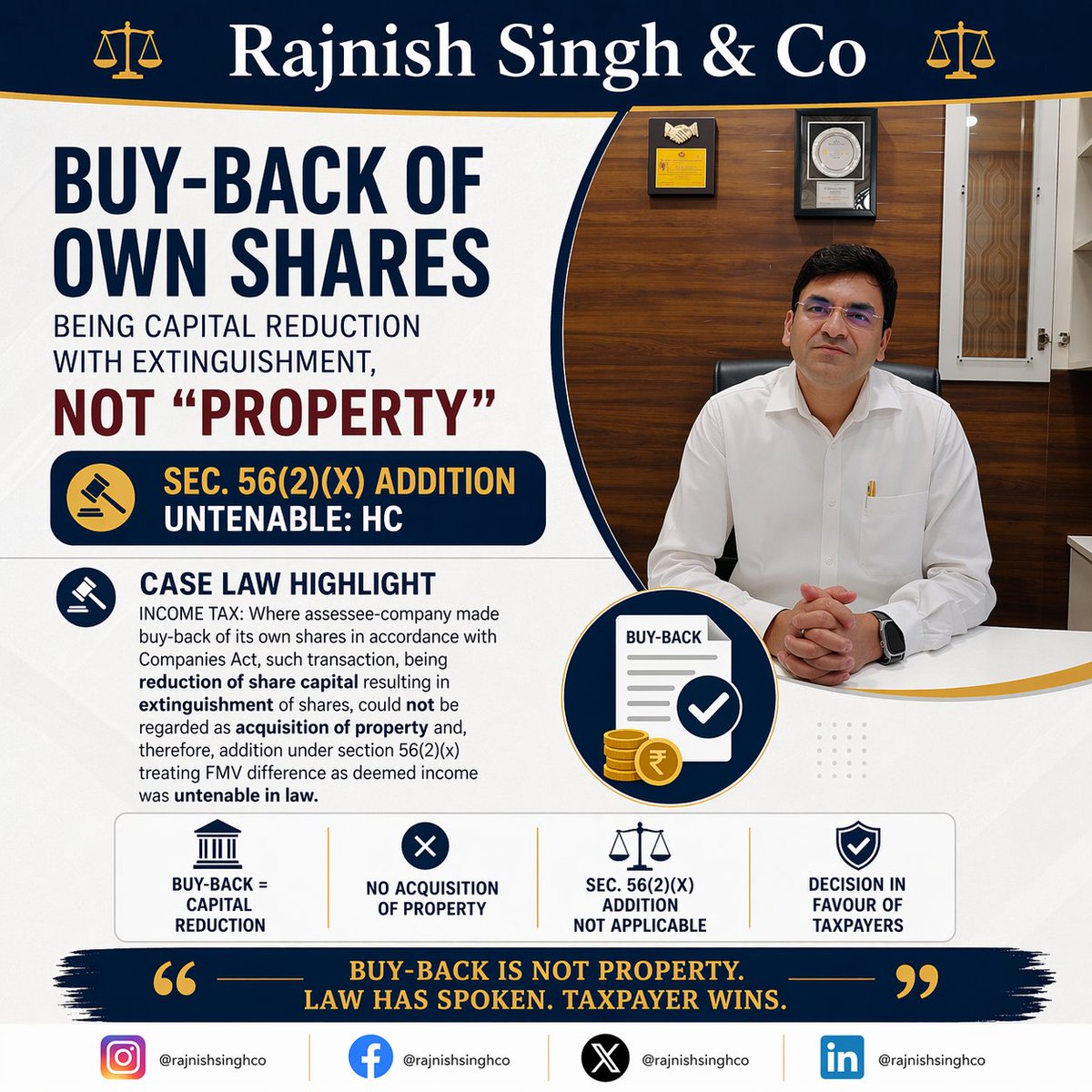 theRajnishkumar's tweet image. Buy-back of shares is a capital reduction (not “property”), so Section 56(2)(x) cannot be applied—HC rules in favour of taxpayers. 
#IncomeTax #CaseLaw #TaxUpdates #BuyBack #Section56 #TaxPlanning #RSCupdates