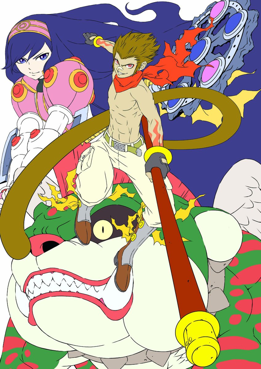 「さぁ～て、冒険の続きと行こうぜ、お師匠さん！」
「それはわかるけど…さっさと下ろしなさい、サスケ！」
「サスケじゃねぇよ、斉天大聖だ！ 」
「下ろしなさい！下ろして！恥ずかしいじゃない！！」
「ん、まぁ、孫行者とか呼んでくれても良いぜ？」
「聞いちゃいないったら・・・」