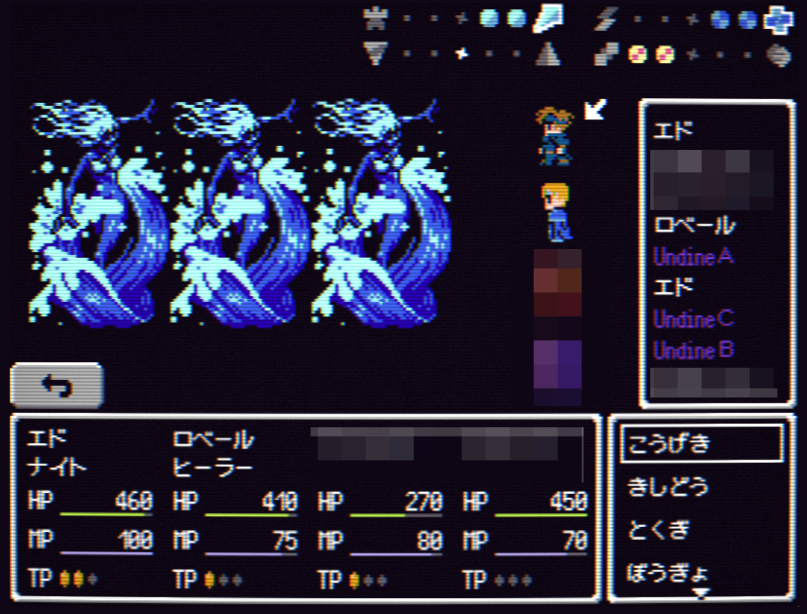obuchilab's tweet image. ソロ開発で80～90年代風のJRPGを制作しています。

属性を操ることができるキャラがバトルに参加していると、特別なHUDが現れます。

また、味方キャラはみんな2つのスタンスを持っており、好きな方を選んでバトルに臨むことになります。

#SuperDevDay #screenshotsaturday